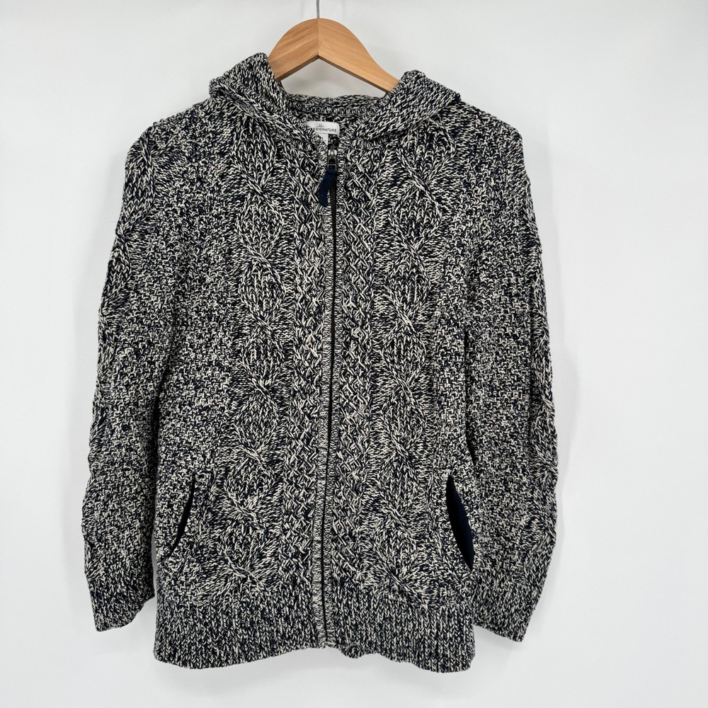 LL Bean Signature Navy Marled Cable Knit Zip Hoodie Sweater Cardigan Women's M